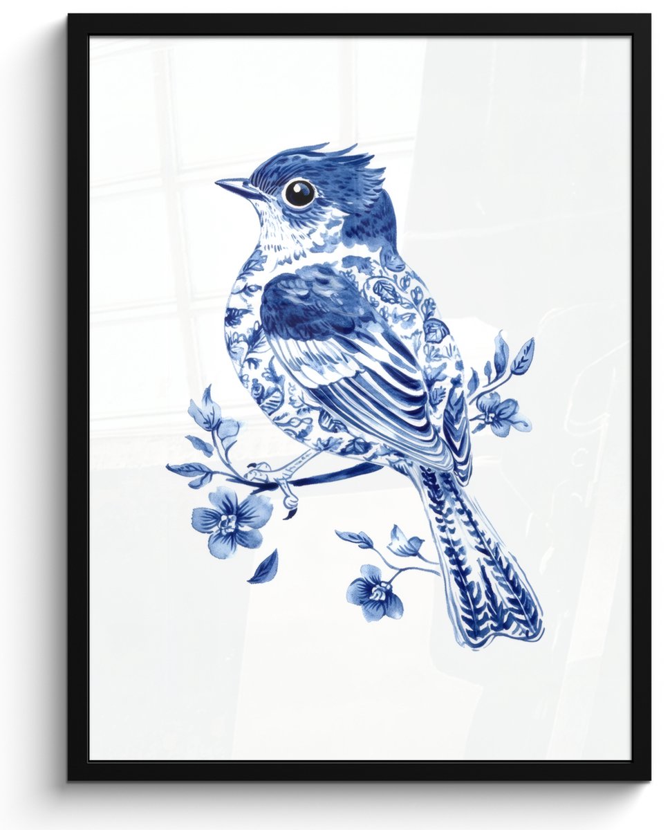 FrameYourWall Poster in lijst - Fotolijst 50x70 cm - Posters - Vogel - Delfts blauw - Illustratie - Bloemen - Posterlijst zwart - Decoratie - Wanddecoratie woonkamer - Muurdecoratie slaapkamer Vogel - Bloemen