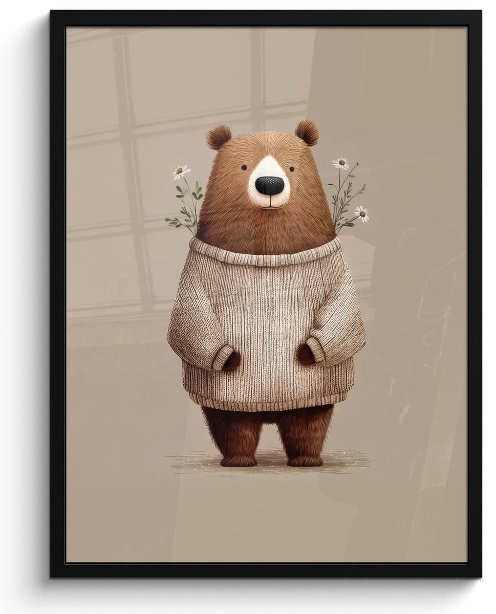 FrameYourWall Poster in lijst - Fotolijst 50x70 cm - Posters - Beer - Witte bloemen - Knus - Posterlijst zwart - Decoratie - Wanddecoratie woonkamer - Muurdecoratie slaapkamer Beer - Bloemen