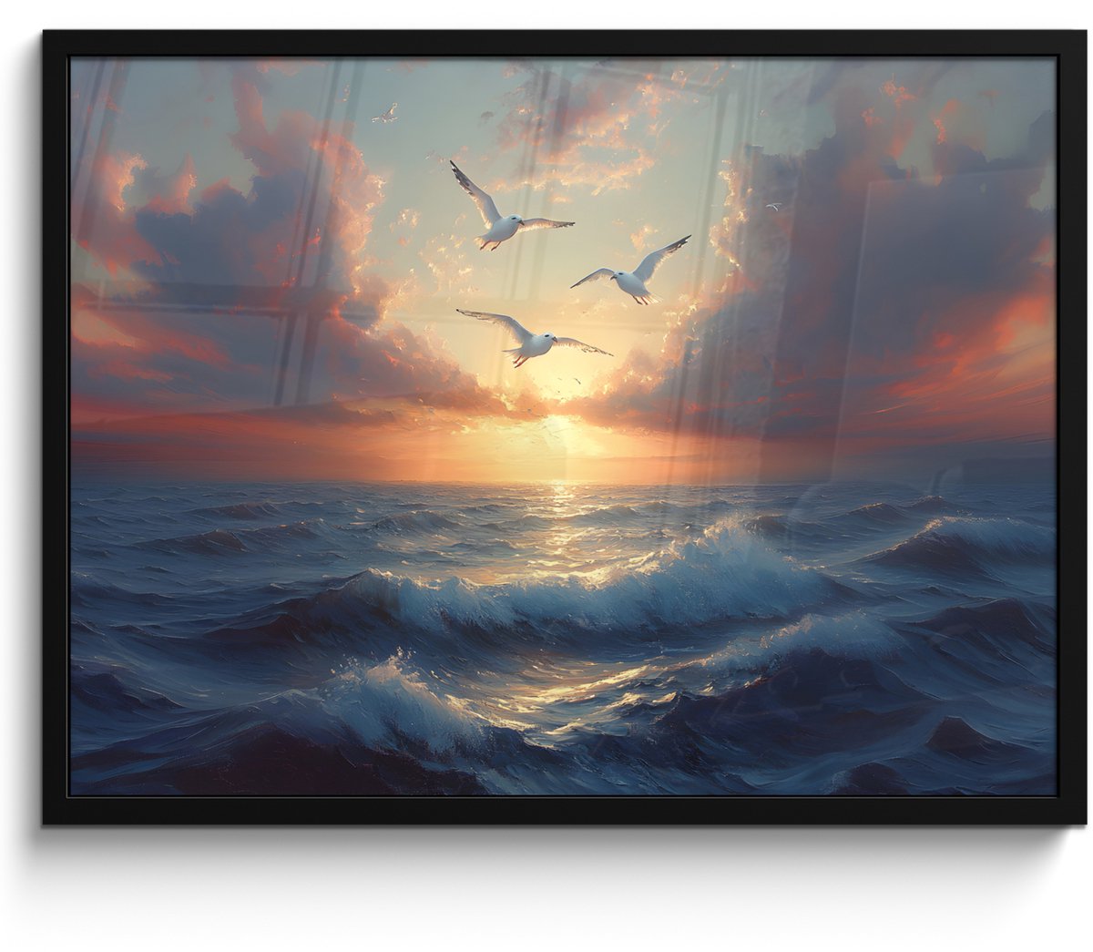 FrameYourWall Poster in lijst - Fotolijst 70x50 cm - Posters - Meeuwen - Zonsondergang - Zee - Wolken - Posterlijst zwart - Decoratie - Wanddecoratie woonkamer - Muurdecoratie slaapkamer