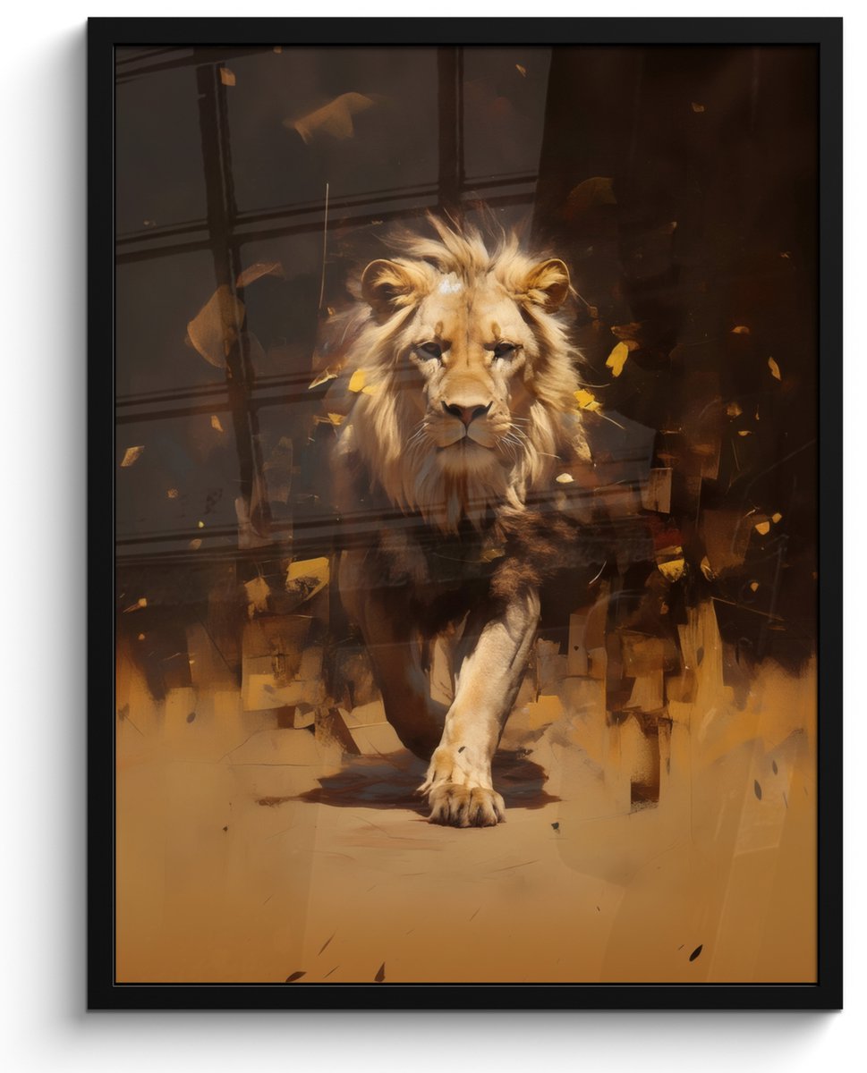 FrameYourWall Poster in lijst - Fotolijst 50x70 cm - Posters - Leeuw - Geschilderd - Abstract - Goud - Posterlijst zwart - Decoratie - Wanddecoratie woonkamer - Muurdecoratie slaapkamer
