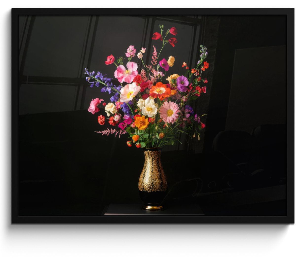 FrameYourWall Poster in lijst - Fotolijst 70x50 cm - Posters - Kleurrijk - Boeket - Vaas - Goud - Posterlijst zwart - Decoratie - Wanddecoratie woonkamer - Muurdecoratie slaapkamer Boeket - Bloemen 3