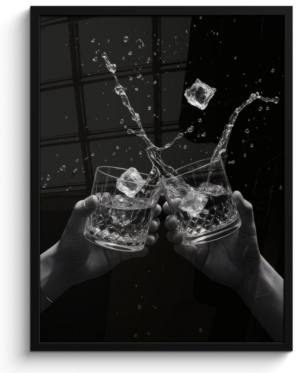 FrameYourWall Poster in lijst - Fotolijst 50x70 cm - Posters - Whiskyglazen - Ijs - Spetters - Zwart - Posterlijst zwart - Decoratie - Wanddecoratie woonkamer - Muurdecoratie slaapkamer Glazen - Spetters