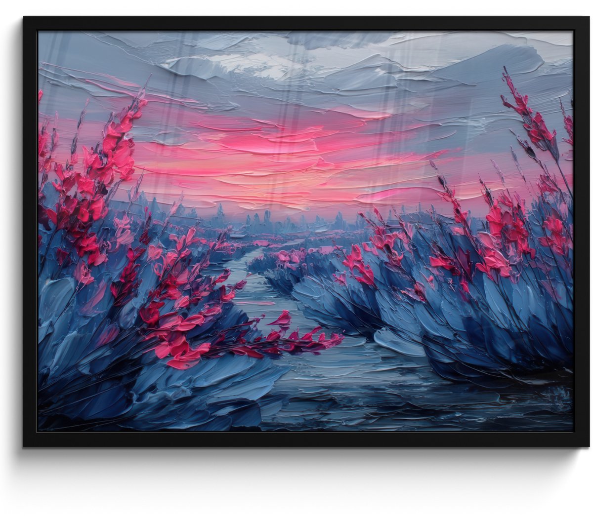 FrameYourWall Poster in lijst - Fotolijst 70x50 cm - Posters - Schilderij - Zonsondergang - Bloemen - Rivier - Posterlijst zwart - Decoratie - Wanddecoratie woonkamer - Muurdecoratie slaapkamer