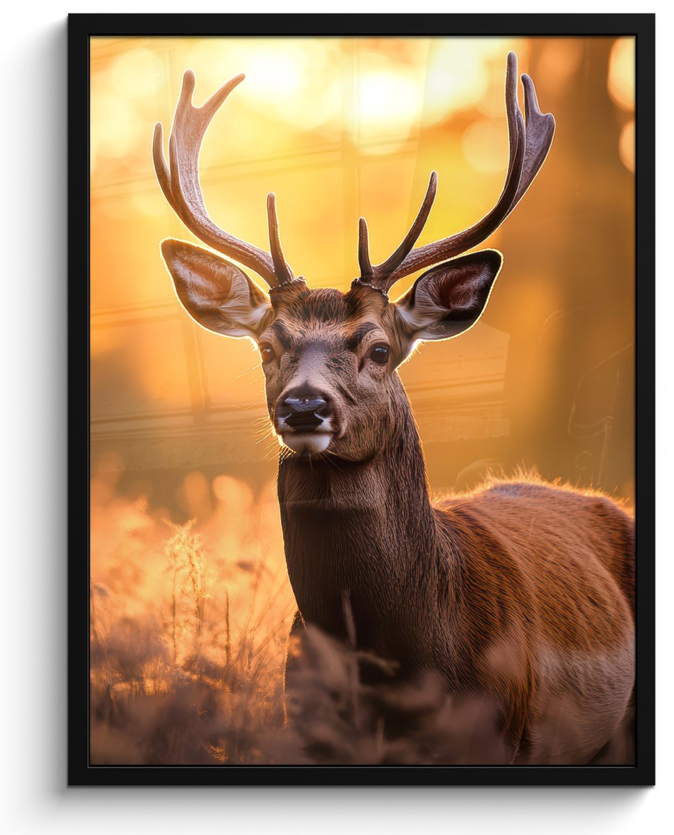 FrameYourWall Poster in lijst - Fotolijst 50x70 cm - Posters - Hert - Gewei - Herfst - Bos - Bruin - Natuur - Bosdieren - Posterlijst zwart - Decoratie - Wanddecoratie woonkamer - Muurdecoratie slaapkamer