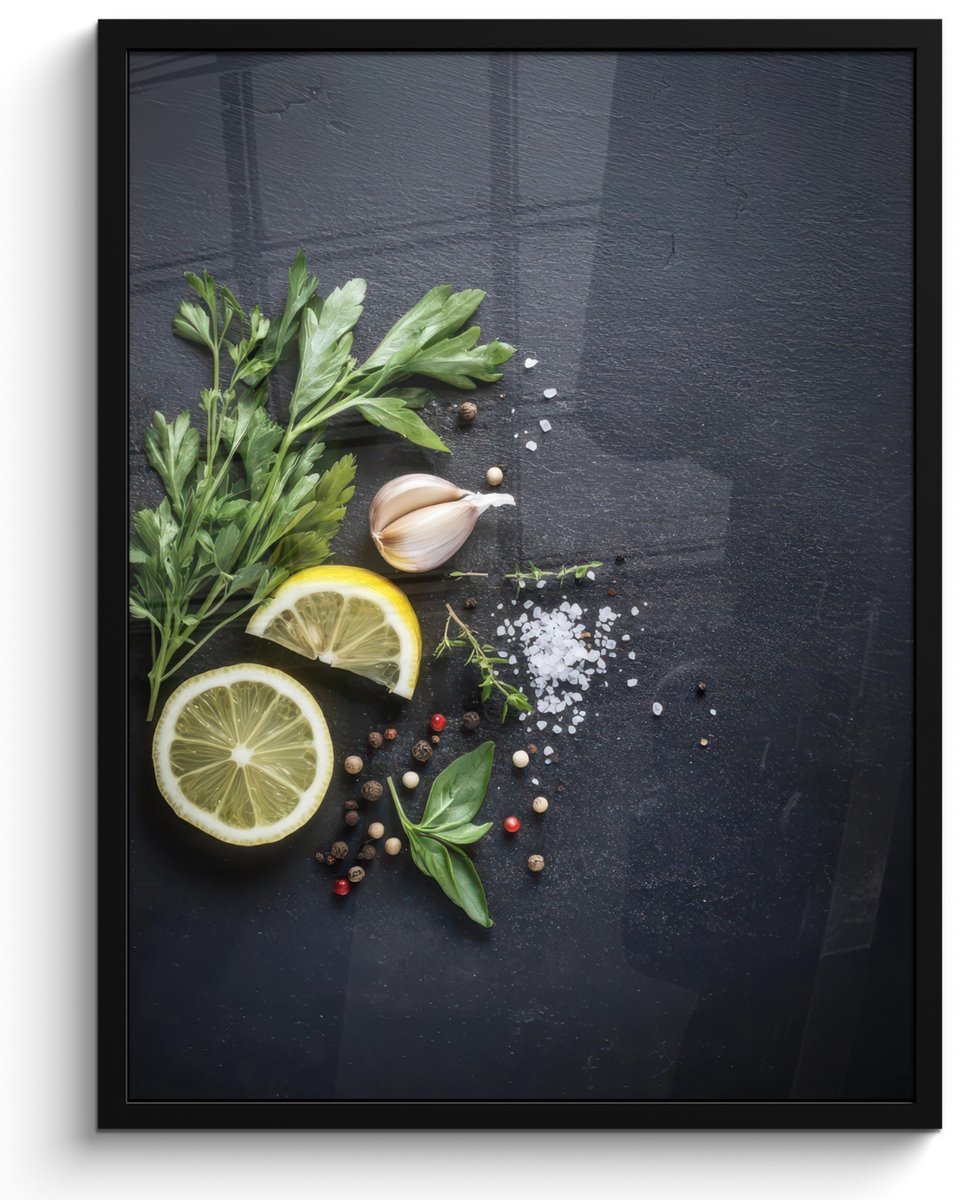 FrameYourWall Poster in lijst - Fotolijst 50x70 cm - Posters - Verse ingrediënten - Compositie - Artistiek - Posterlijst zwart - Decoratie - Wanddecoratie woonkamer - Muurdecoratie slaapkamer Kruiden - Citroen