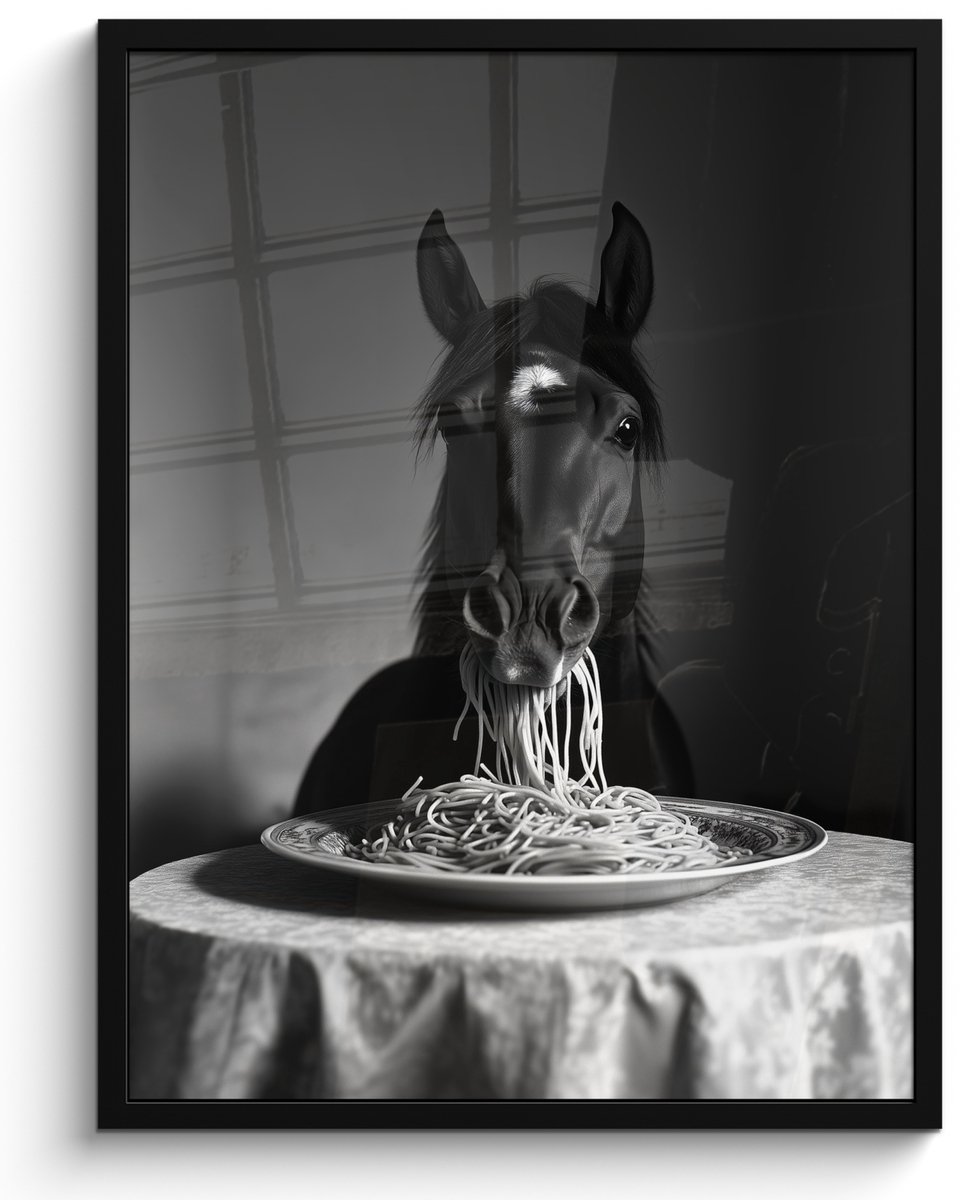 FrameYourWall Fotolijst incl. Poster Zwart Wit- Paard - Bord - Pasta - Tafelkleed - Zwart Wit - Dieren - 50x70 cm - Posterlijst