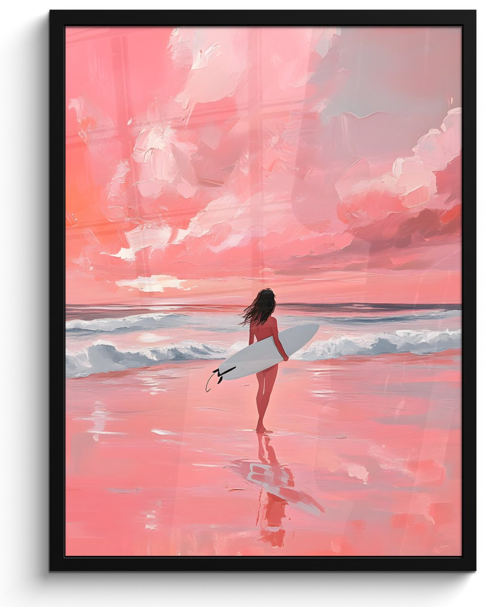 FrameYourWall Poster in lijst - Fotolijst 50x70 cm - Posters - Roze - Surfen - Zee - Posterlijst zwart - Decoratie - Wanddecoratie woonkamer - Muurdecoratie slaapkamer Zee - Vrouw - Surfplank