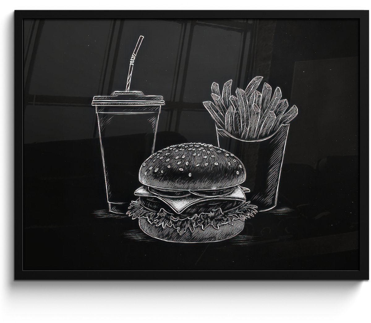 FrameYourWall Poster in lijst - Fotolijst 70x50 cm - Posters - Hamburger - Friet - Frisdrank - Krijttekening - Posterlijst zwart - Decoratie - Wanddecoratie woonkamer - Muurdecoratie slaapkamer