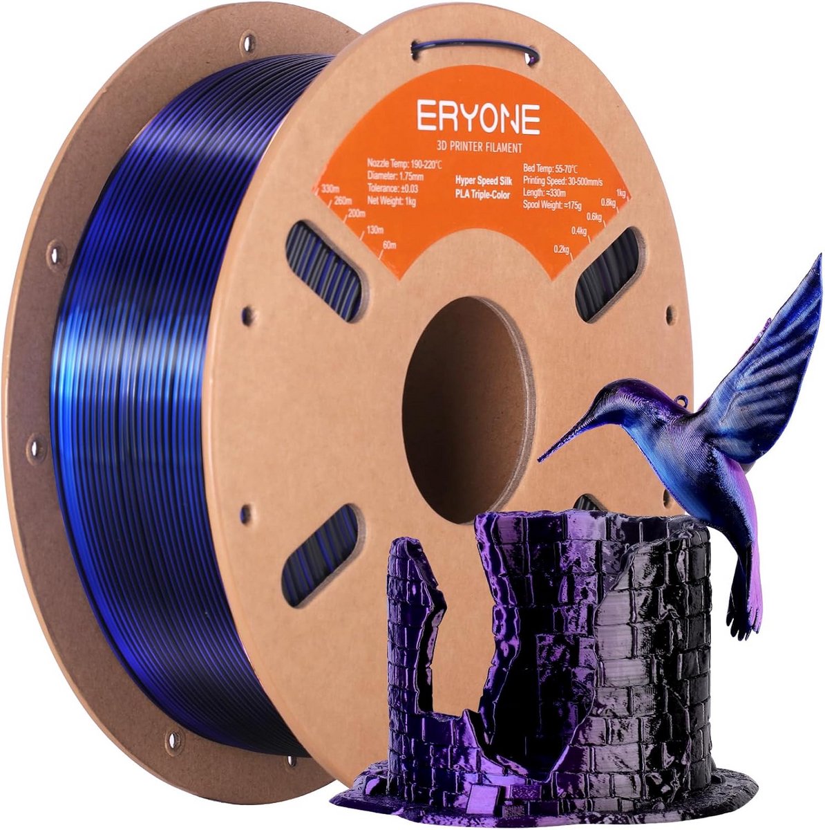 Zijde Uiterlijk PLA 3D Printer Filament - Tricolor Blauw Paars Zwart - 1.75mm Hoge Snelheid