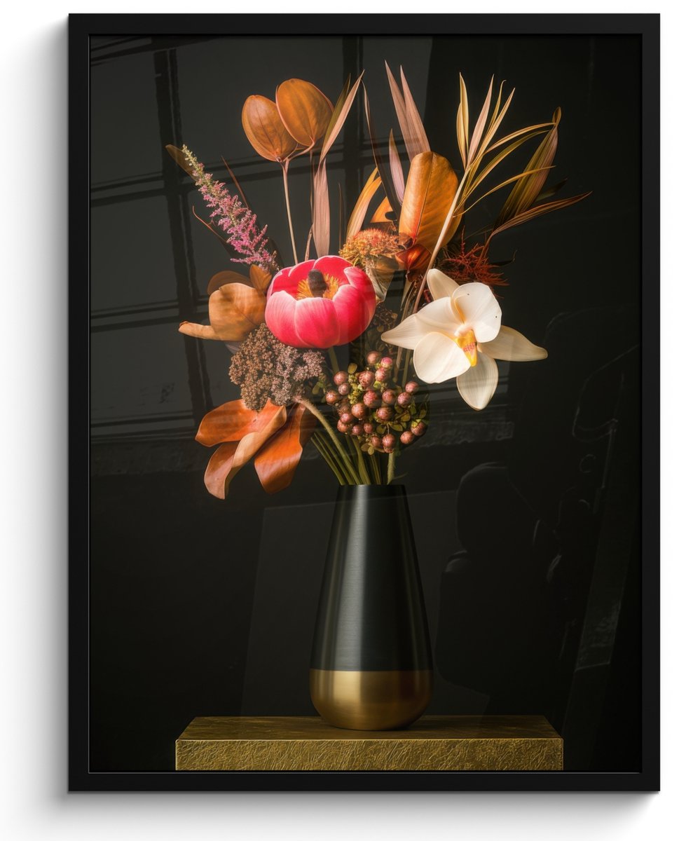 FrameYourWall Poster in lijst - Fotolijst 50x70 cm - Posters - Boeket - Oranje - Gouden - vaas - Posterlijst zwart - Decoratie - Wanddecoratie woonkamer - Muurdecoratie slaapkamer Boeket - Bloemen 3