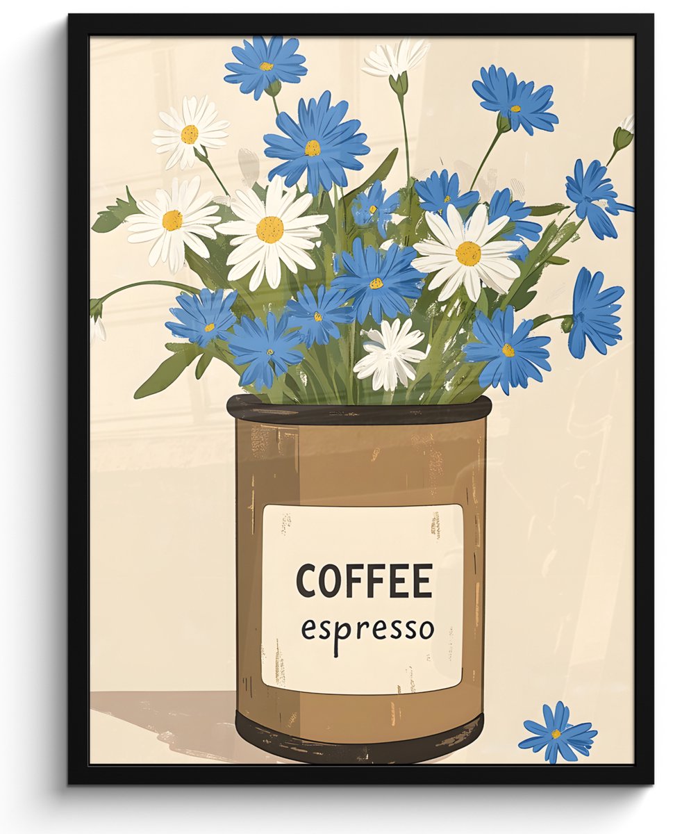 FrameYourWall Poster in lijst - Fotolijst 50x70 cm - Posters - Coffee - Blik - Minimalistisch - Bloemen - Posterlijst zwart - Decoratie - Wanddecoratie woonkamer - Muurdecoratie slaapkamer Bloemen - Blik
