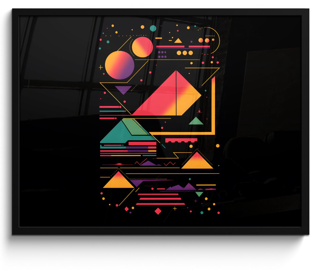FrameYourWall Poster in lijst - Fotolijst 70x50 cm - Posters - Piramides - Cirkels - Neonkleuren - Geometrisch - Posterlijst zwart - Decoratie - Wanddecoratie woonkamer - Muurdecoratie slaapkamer Piramides - Neonkleuren