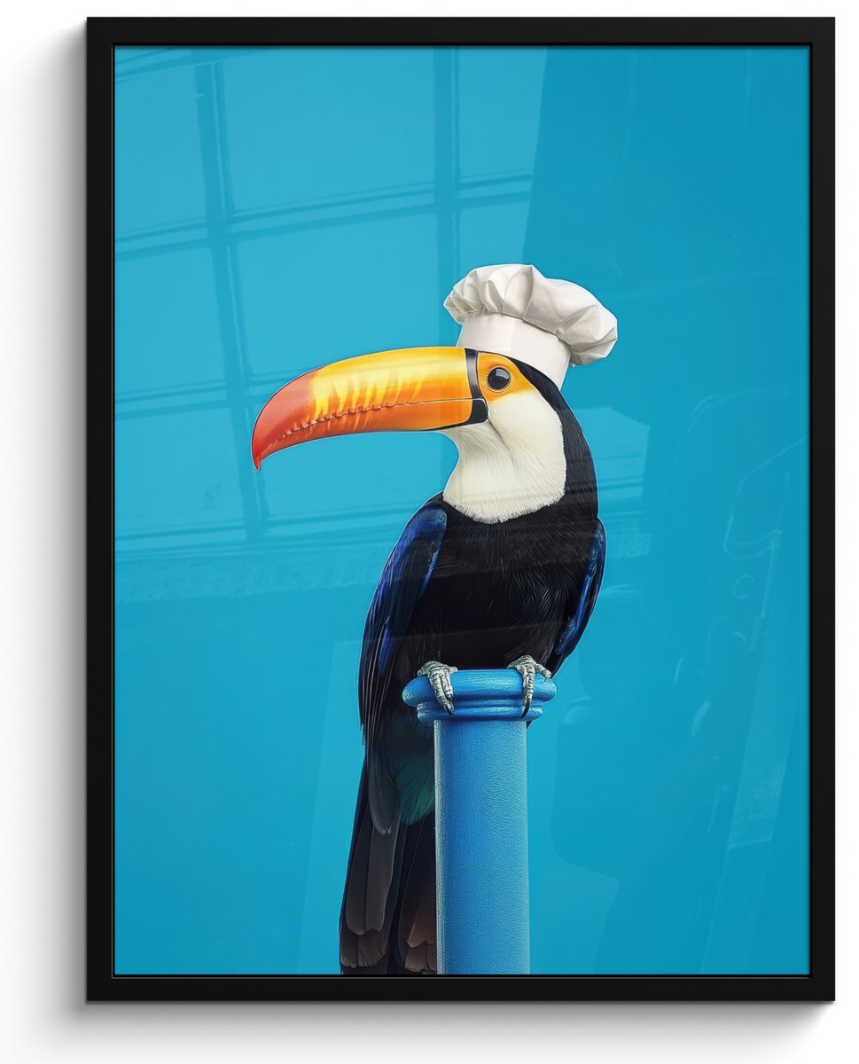 FrameYourWall Fotolijst inclusief poster - Posterlijst 50x70 cm - Posters - Tucan - Sokkel - Vogel - Koksmuts - Foto in lijst - Keuken decoratie muur - Wanddecoratie accessoires - Muurdecoratie - Schilderijen Koksmuts - Toekan