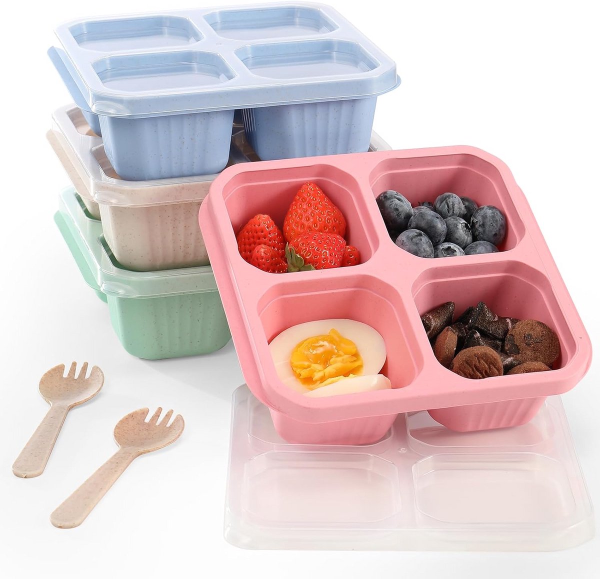 Bento Lunchtrommel 4 Vakken - Herbruikbare Snackbox voor School, Werk & Onderweg - Stapelbaar