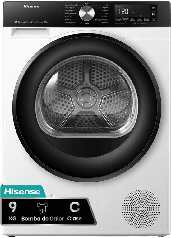 Hisense DH3S902BWCC - Condensdroger - 9 kg - Vrijstaand - Voorbelading - Warmtepomp - Wit - Draaiknop - TouchControl - 63 dB(A) - Ion Refresh - Allergy Care - Auto Dry