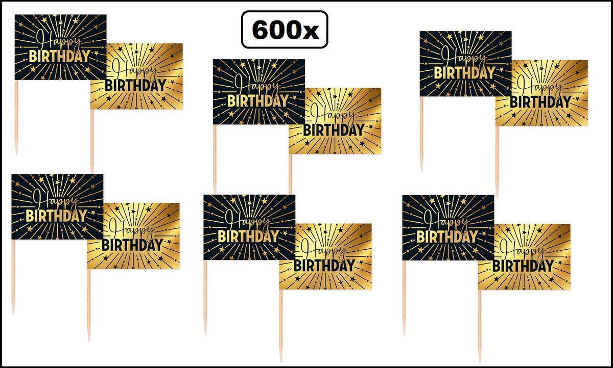 600x Cocktailprikkers Happy Birthday goud/zwart - Vlag prikker Jubileum verjaardag thema feest koperen bruiloft cocktail prikker