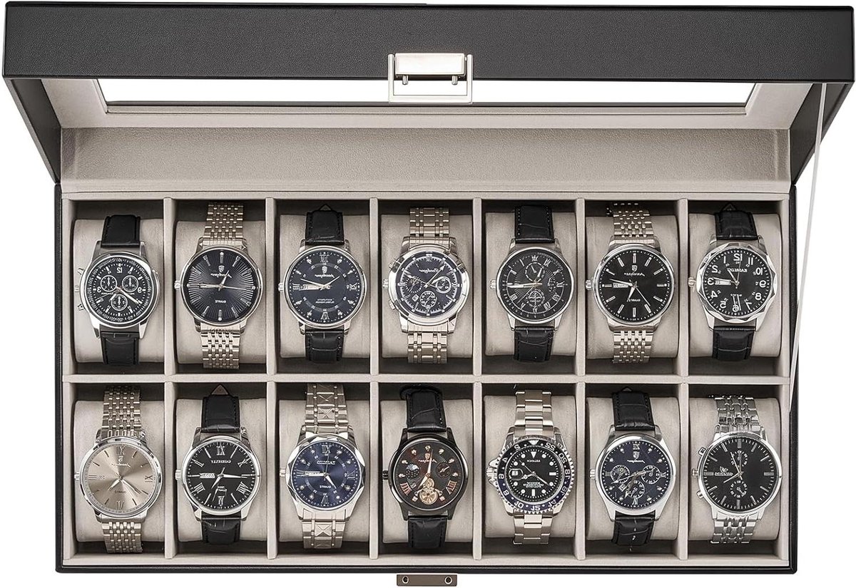 Luxe Horloge Opbergdoos met Glasdeksel en Kussen - 14 vakken - Zwart metaal - Voor heren