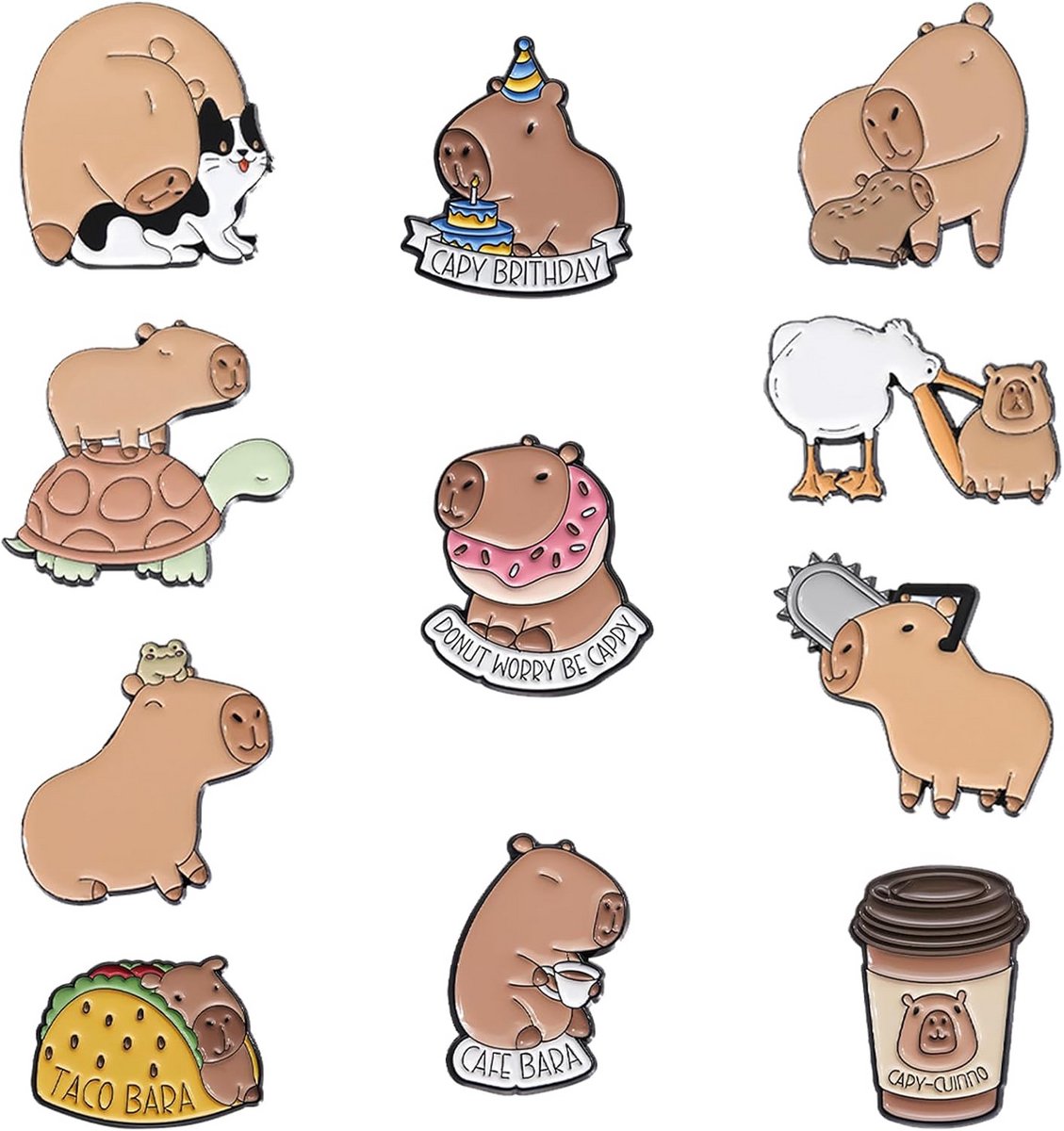11-delige Set Emaille Speldjes met Capibara Thema - Leuke Cartoon Dieren Broche Pins voor Tassen en Kleding