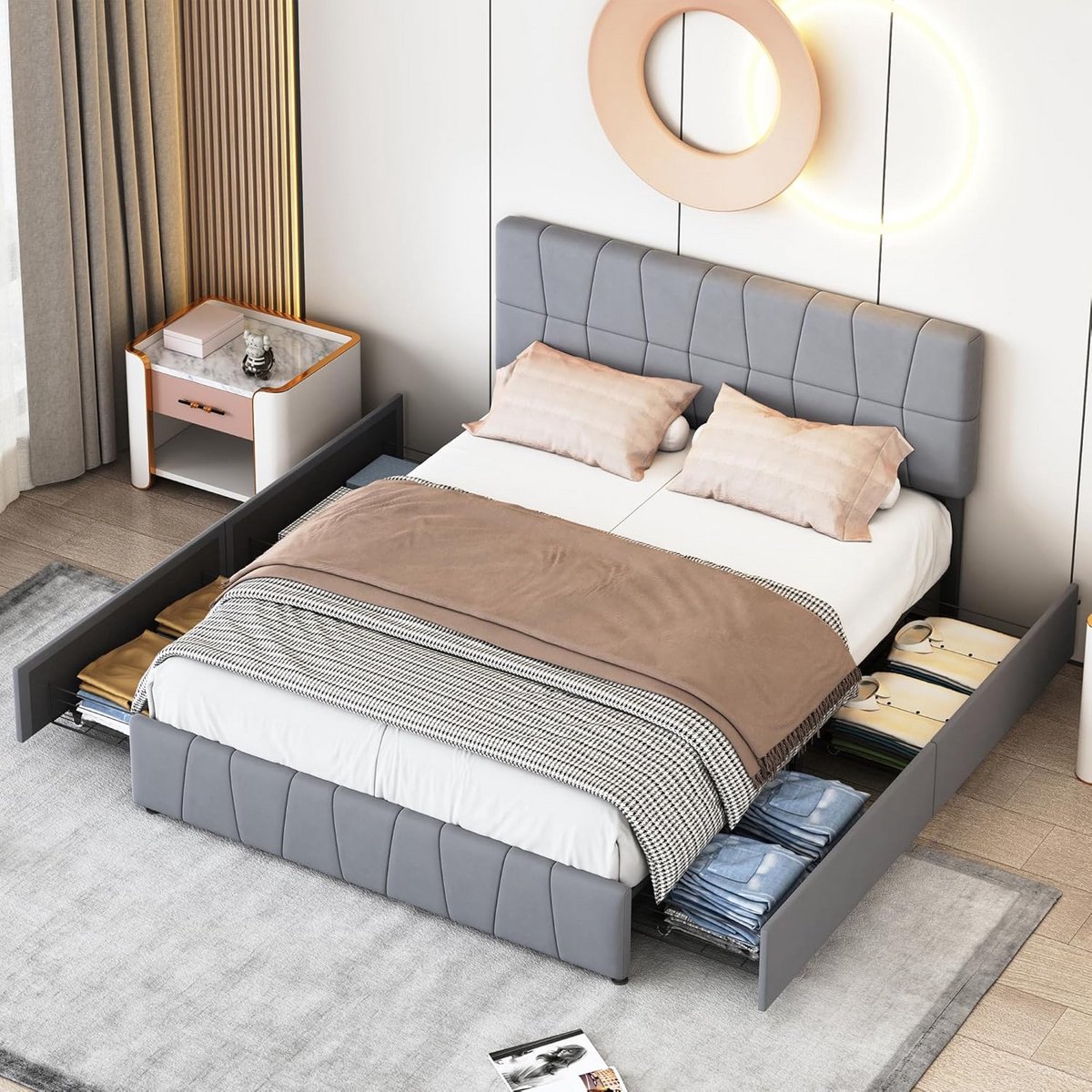 Tweepersoons bed 160x200 cm met opbergladen en gecapitonneerd fluwelen hoofdeinde, grijs