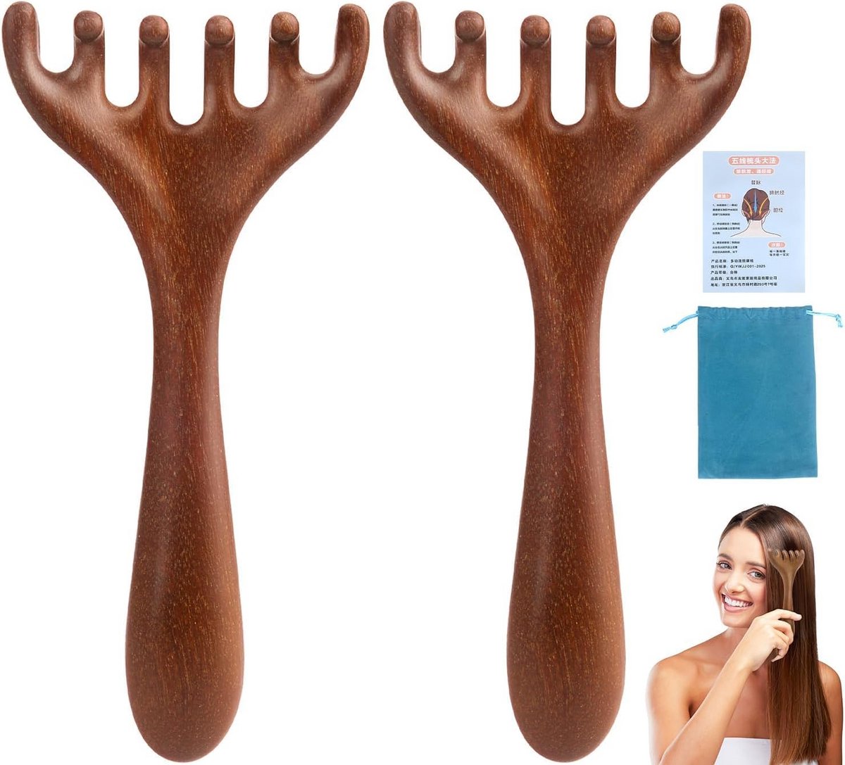 2x Houten Hoofdhuidmassagekam voor Meridiaan Ontspanning - 6 Klauwen