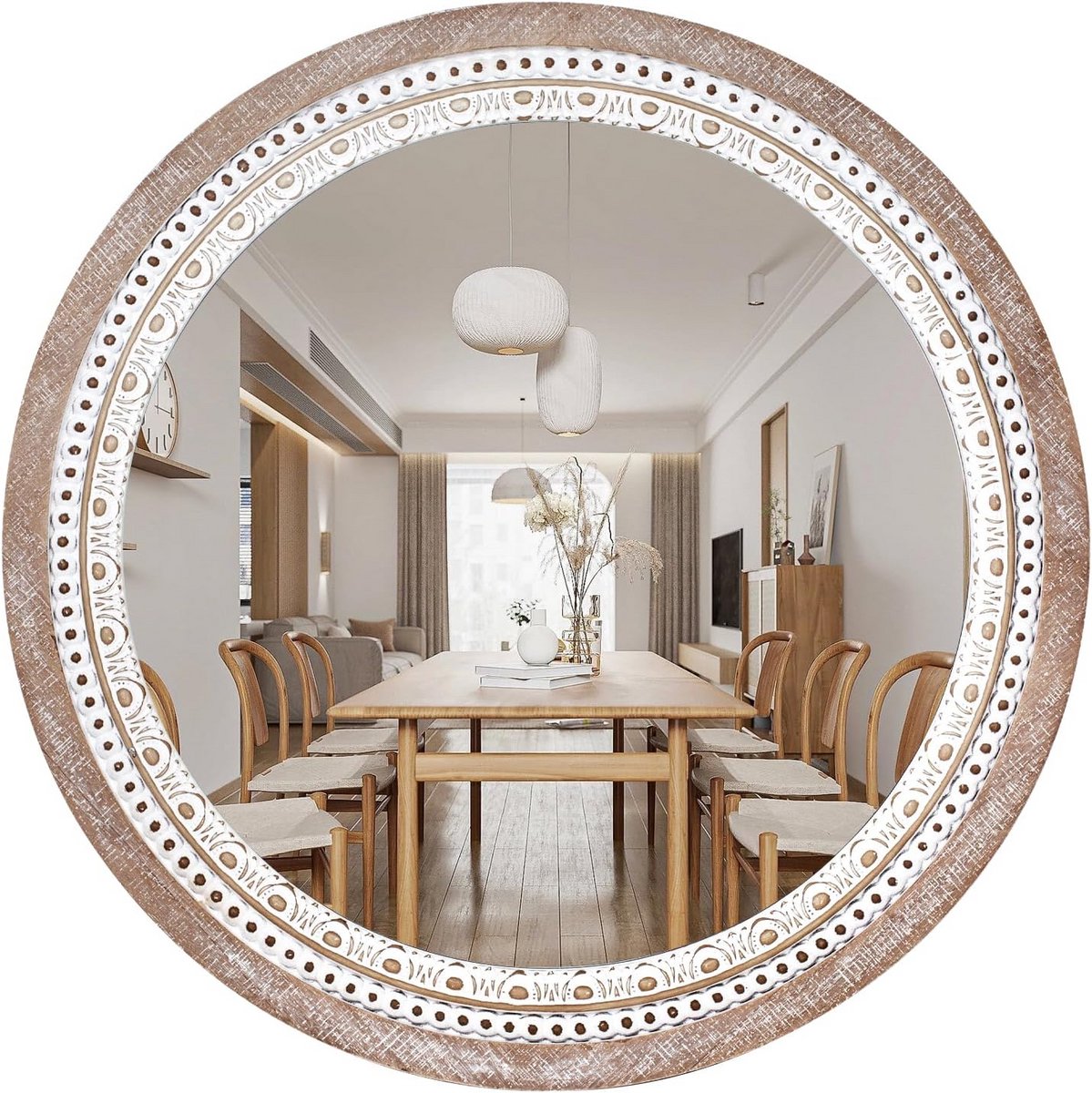 Ronde Wandspiegel 60 cm Rustiek Cirkelspiegel met Houten Frame Decoratie voor Woonkamer en Badkamer