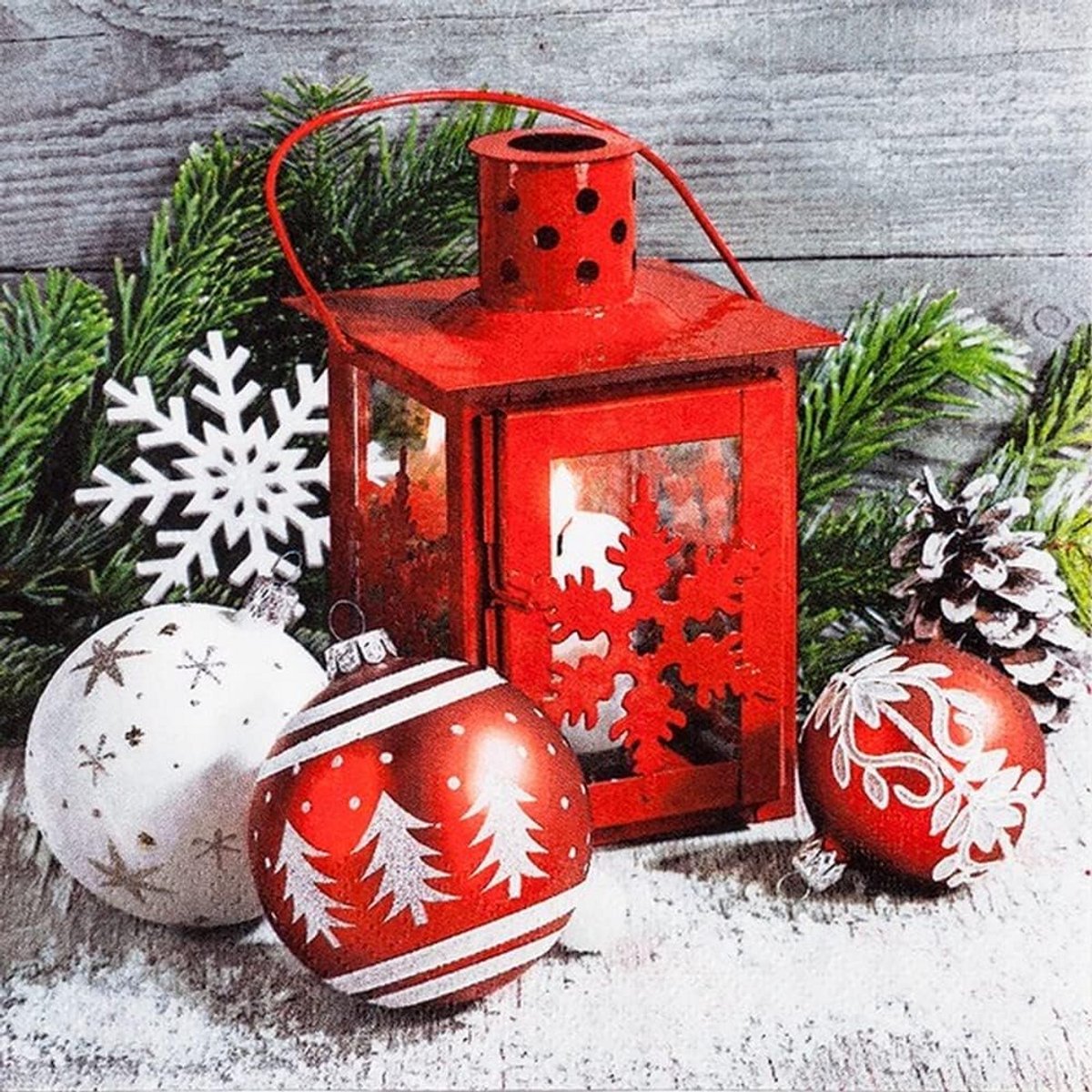 20 Cocktailservetten Kerstballen en Lantaarns 3-laags 25x25 cm Kerstdecoratie