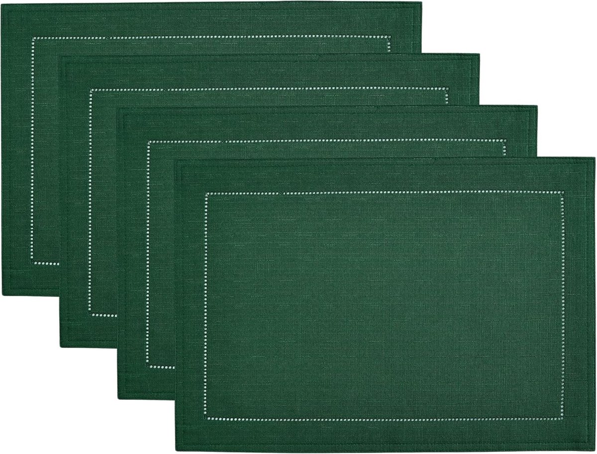 Set van 4 donkergroene placemats, polyester met hemstitch rand, 33 x 48 cm