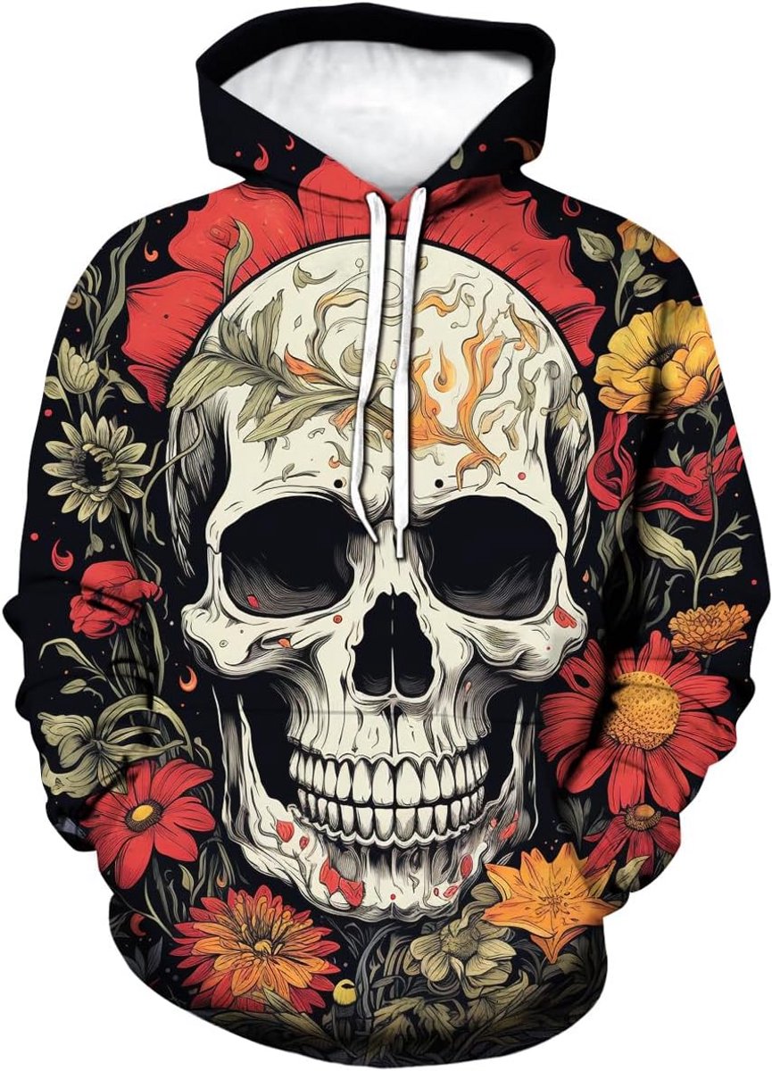 Unisex Hoodie met 3D Druk: Schedel en Roos Print, Casual Pullover met Kangoeroezak