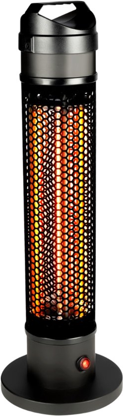 Zwarte staande infrarood heater met gaaswerk en rode aan/uit knop.