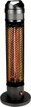Zwarte staande infrarood heater met gaaswerk en rode aan/uit knop.