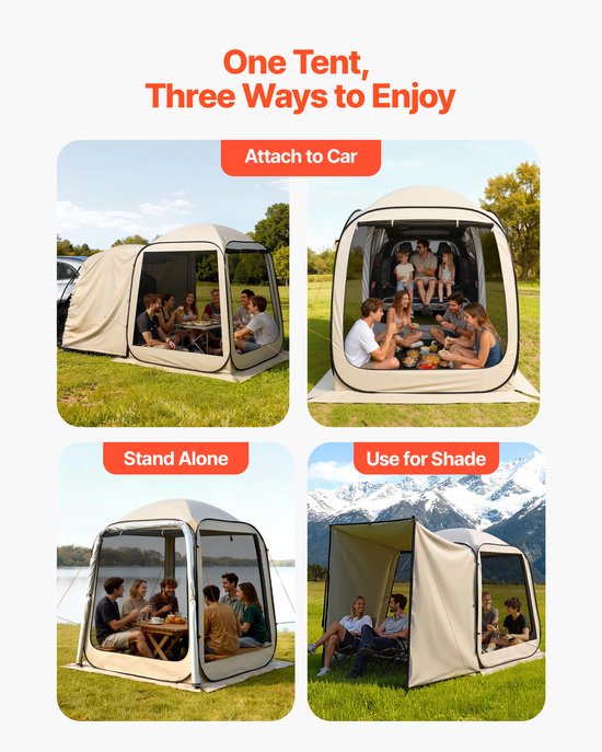 Screen House Tent, 1825 x 1825 x 2200 mm, pop-up SUV-achterklepbescherming voor 4-6 personen, draagbare luifel met draagtas, zijkanten van gaas, ideaal voor kamperen, de achtertuin en buitenevenementen, beige — afbeelding 5