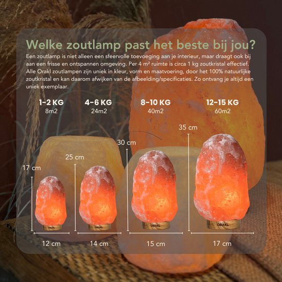 Vier Orakl zoutlampen van verschillende groottes (1-2kg tot 12-15kg) met afmetingen.