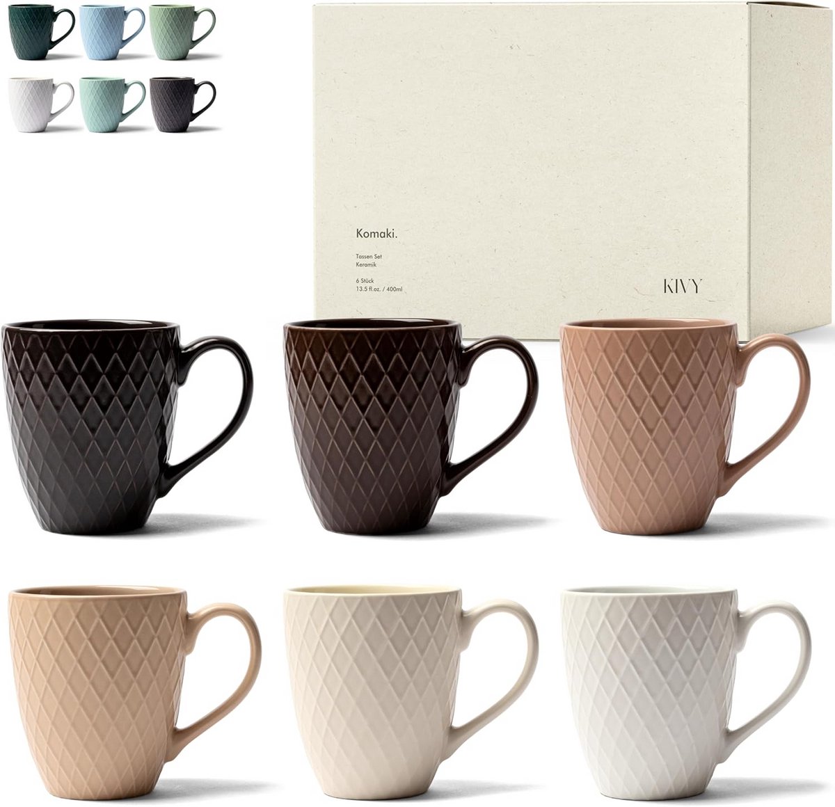 Set van 6 keramische mokken 400 ml - geschikt als ontbijtbowl