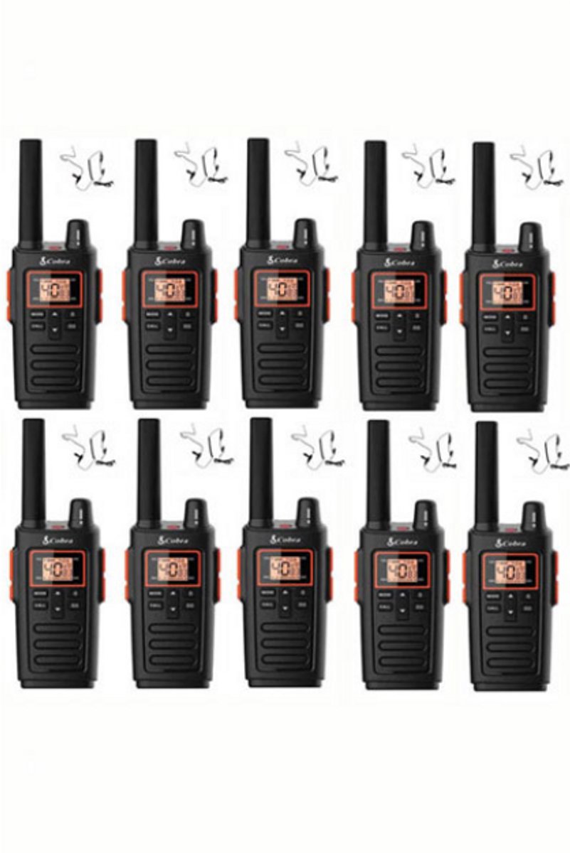 Set van 10 Cobra RX380 PMR446 portofoons IPX2 met beveiliging oortje