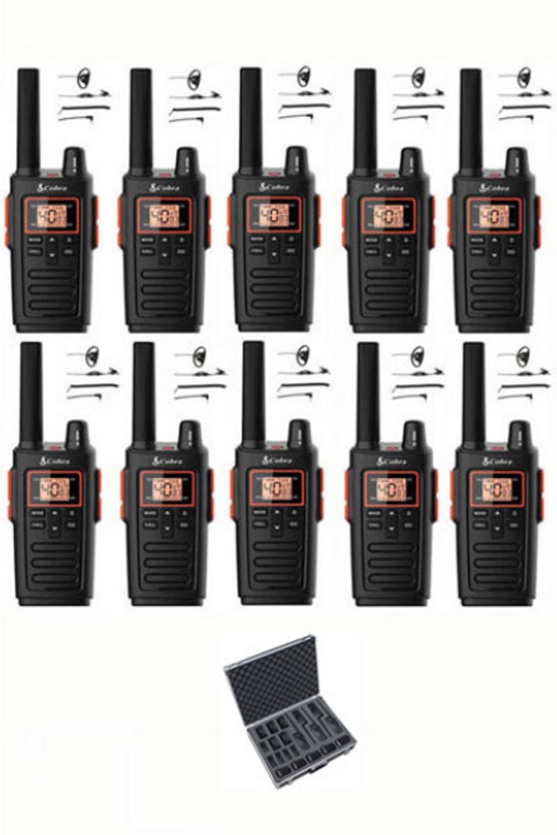 Set van 10 Cobra RX380 PMR446 portofoons IPX2 met D-shape oortje en koffer