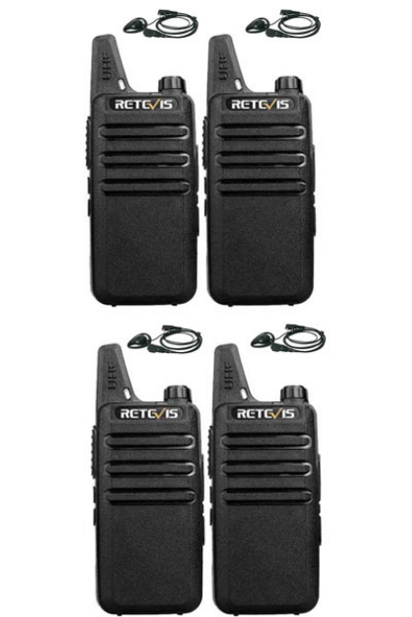Set van 4 Retevis RT622 vergunning vrije UHF mini portofoons met D-shape oortje