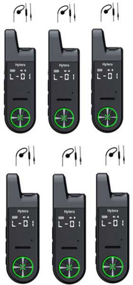 Set van 6 Hytera S1 mini LF portofoon vergunningvrij PMR446 met G-shape oortje