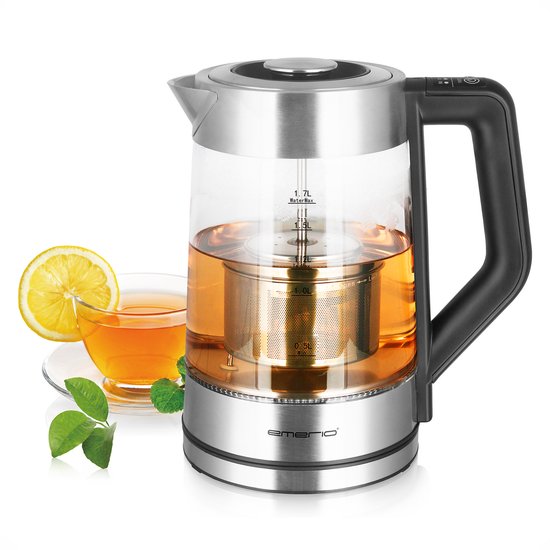 Emerio Waterkoker met Temperatuurregeling 1.7 Liter - LED Verlichting - Oververhittingsbeveiliging en Automatische Uitschakeling - Water niveau indicator - Elektrische Waterkoker 2200W - WK-122730 Glas / RVS