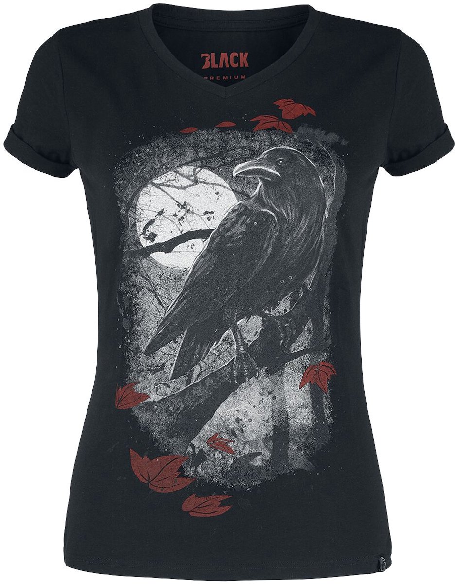 Black Premium by EMP zwart strak T-shirt met ravenprint - Dames - XS