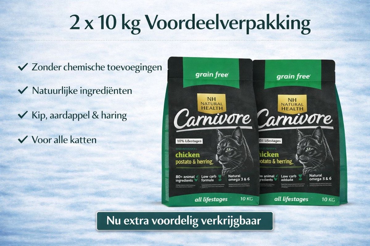 Natural Health graanvrij kattenvoer Carnivore 2x 10 kg Voordeelverpakking - Kat