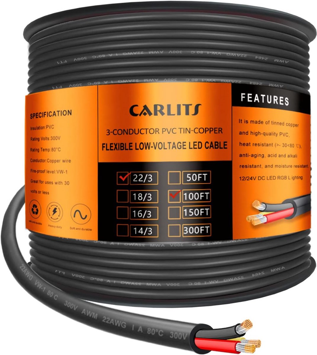 Zwart 3-aderig Elektrisch Snoer 16 AWG, 15 Meter Laagspanning Kabel