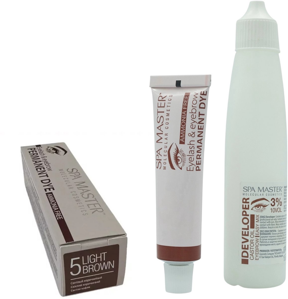 Spa Master Eyelash & Eyebrow Permanent Dye Light Brown + Developer 3% – Wenkbrauwverf & Wimperverf Set Lichtbruin – Professioneel & Ammoniakvrij – Inclusief Castor Olie – 20ml + 60ml