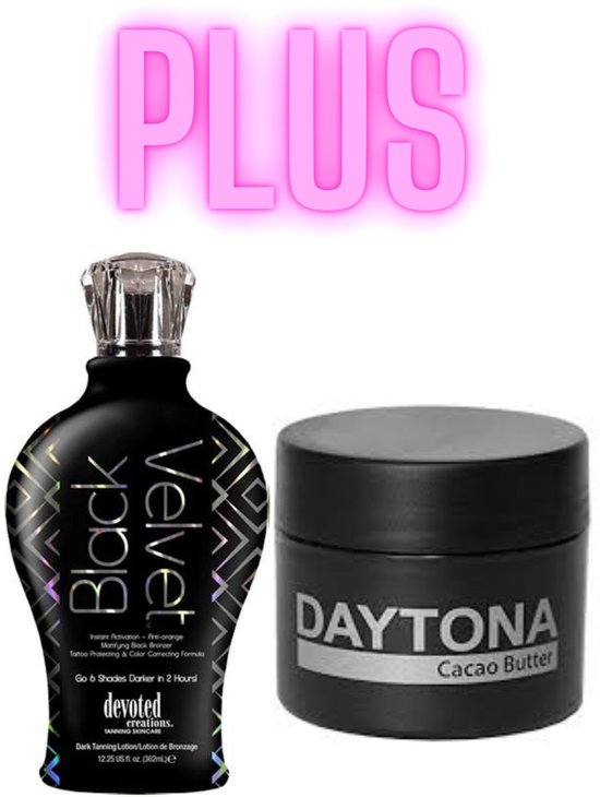 Flacon noir 'Black Velvet' avec motifs, pot 'Daytona Cacao Butter'.