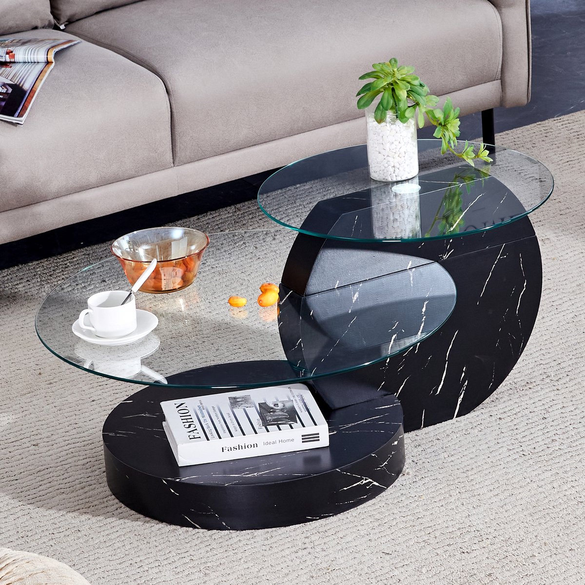 REDOM Salontafel - Gehard Glas - Meerlaags Opbergdesign - Modern Minimalistisch - MDF - Zwart Transparant Zwart + Transparant