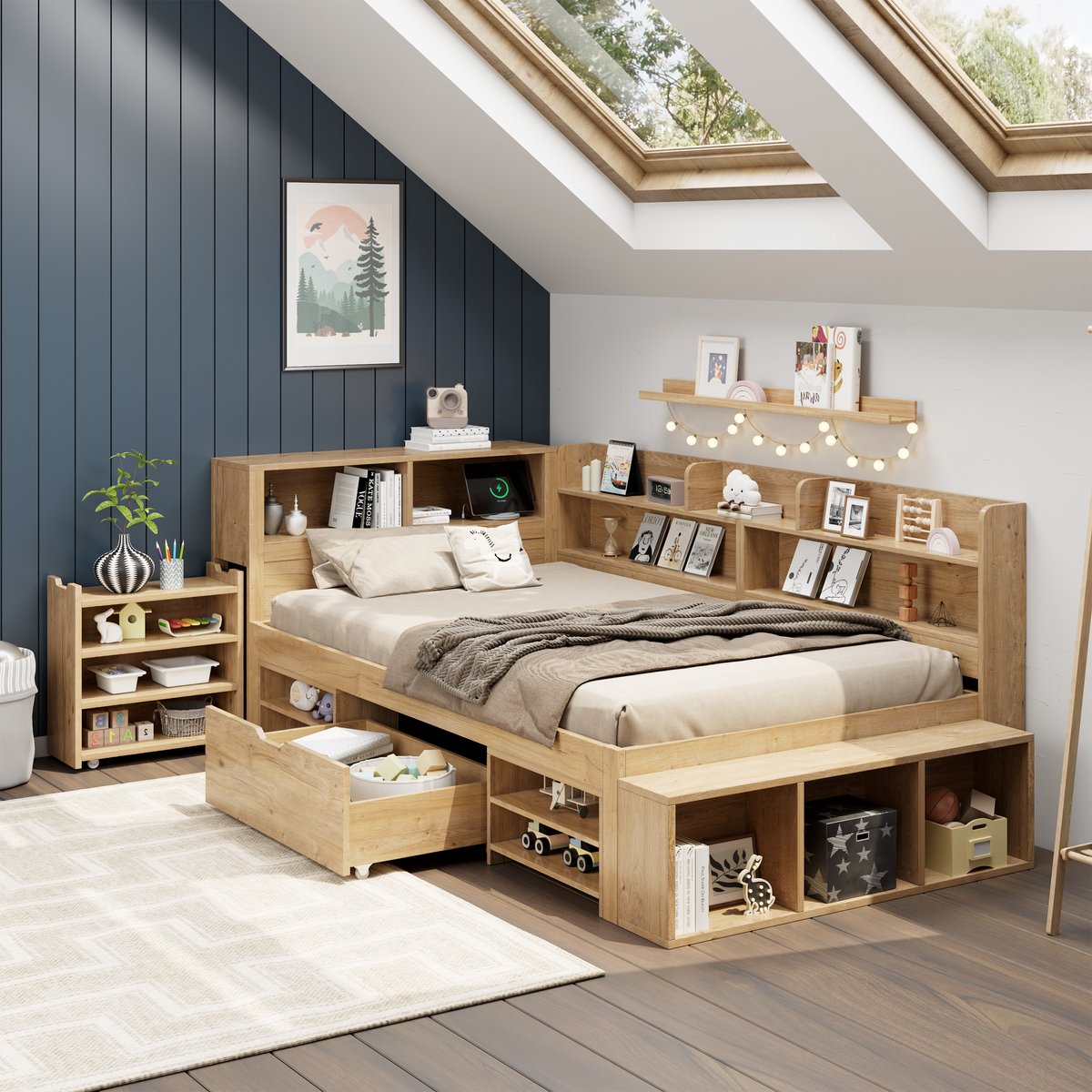 Merax Slaapbank 90x200cm - met opbergruimte - met nachtkastje - boekenkast en opbergkast - met draadloos opladen - zonder matras - houtkleur