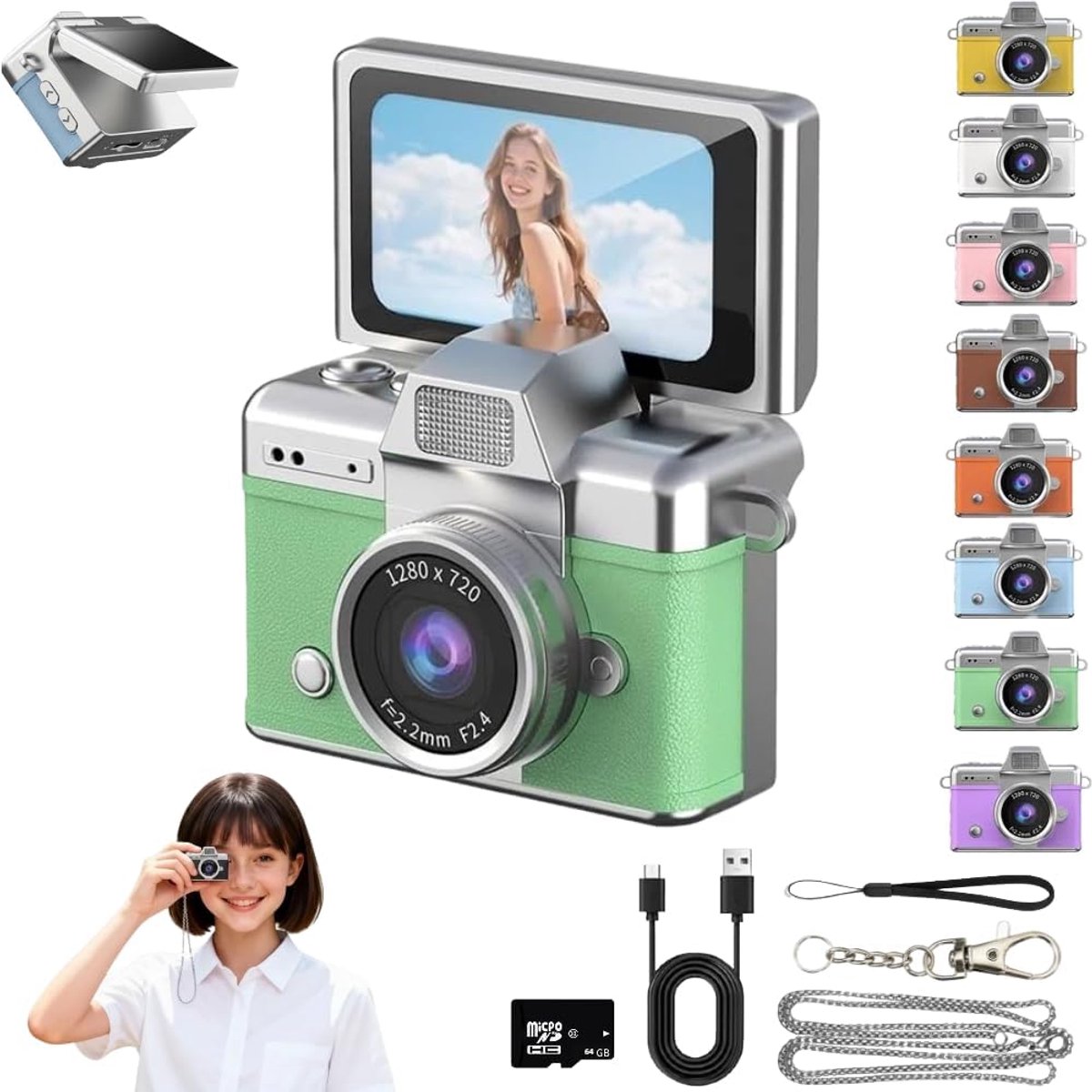 Fotocamera - Compact Camera - Voor Kinderen - Retro-Mini-Digitale-Camera - Sleutelhanger-Camera - 1080P-Full-HD - 0.96-Inch-IPS-Scherm - Inclusief-64GB-Kaart - 6-Filters - Vakantiecadeaus - groente