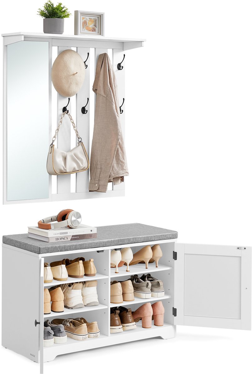 VASAGLE - Schoenenrek - Wandgarderobe Set met Spiegel - Schoenenbank met Verstelbare Planken - 8 Dubbele Haken