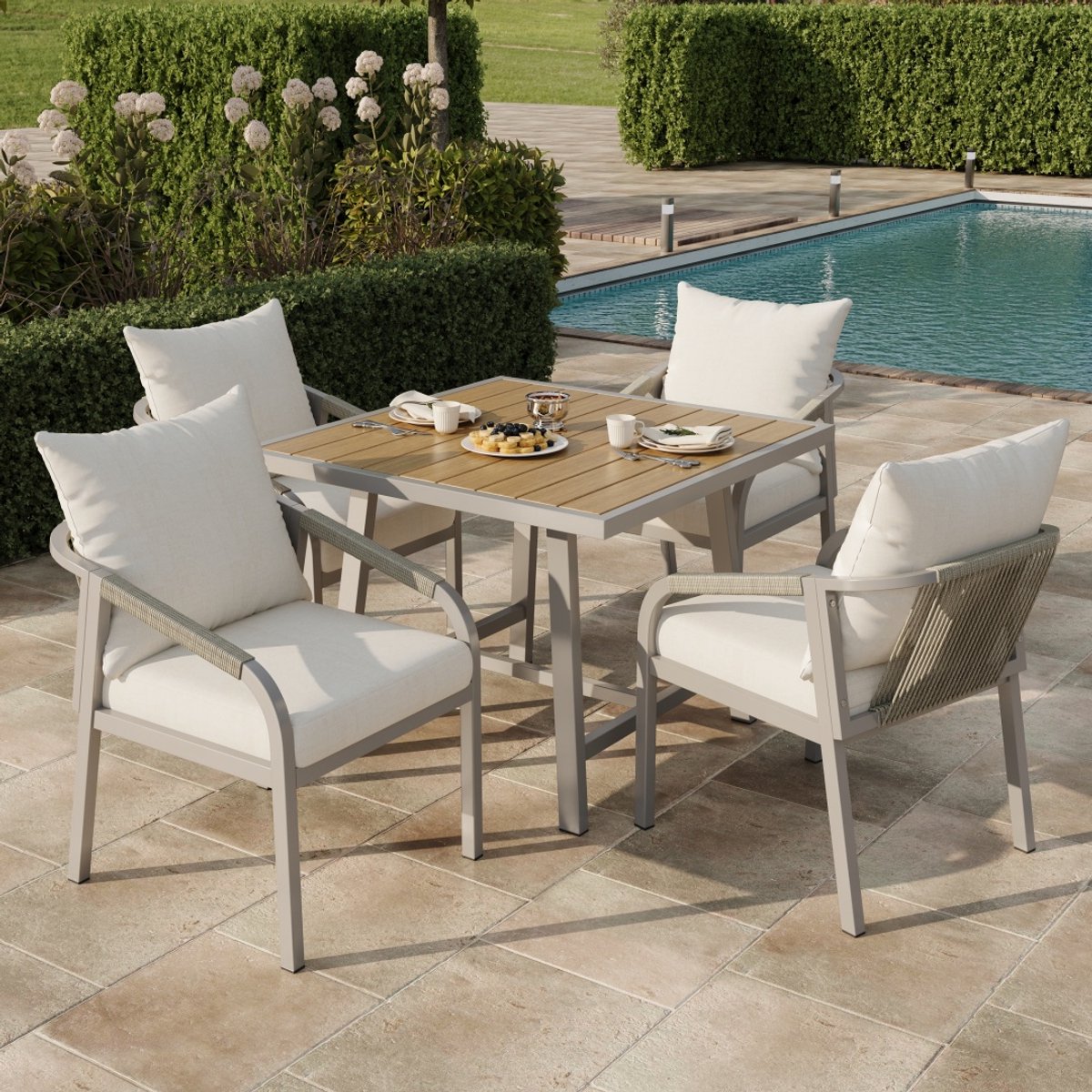 Tuin Eettafel - Gegalvaniseerd Stalen Buis - Plastic Tafel - Gevlochten Touw Design - 4 Stoelen