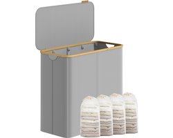 SONGMICS LCB514GD01 - Wasmand met 4 Vakken - Opvouwbare Wasverzamelaar met Deksel - Bamboe Handgrepen