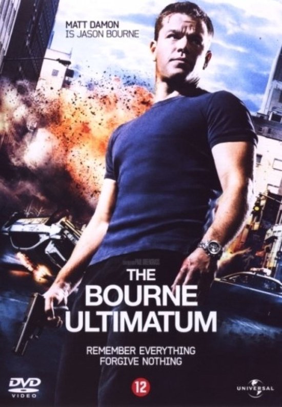 DVD hoes van 'The Bourne Ultimatum', met Matt Damon die een donkerblauw shirt draagt en een pistool vasthoudt. Op de achtergrond een explosie.
